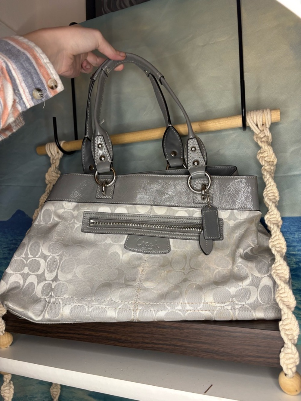 Coach Gray Signature Satchel with Leather Trim